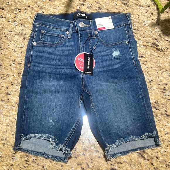 Express High Waisted Raw Cut Bermuda Denim Shorts 2 - Picture 2 of 5